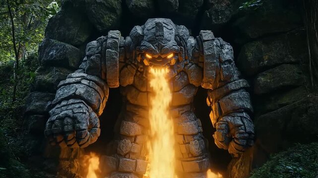 Massive stone golem emerges from ancient ruins in a fantasy setting at dusk