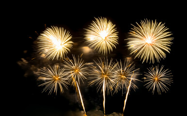 Golden firework sparkling on black background for celebration and anniversary