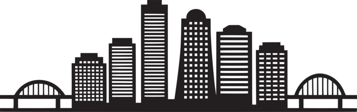 Classic city skyline featuring traditional skyscrapers and two arch bridges silhouette design - Powered by Adobe