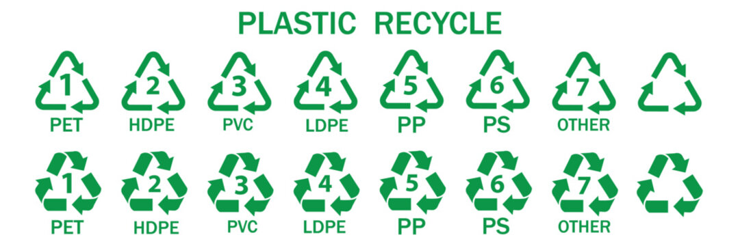 All plastic recycling code icon set. Plastic recycling code symbol. Plastic recycling codes PET, HDPE, PVC, LDPE, PP, PS, OTHER, ABS, PA. recycle, symbol, code, icon, vector