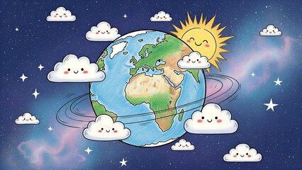 Cute cartoon planet Earth surrounded by happy clouds, stars, and a smiling sun in outer space illustration