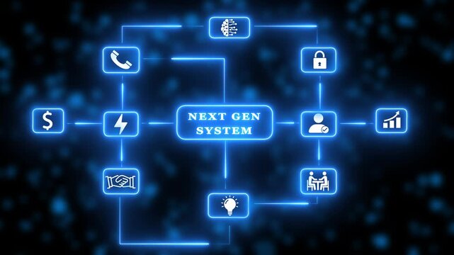 Next Gen System Flowchart with Blue Neon Glow and Bokeh Effect Keywords: next gen system, business, flowchart, icons, strategy, planning, organization, communication, finance, idea, innovation