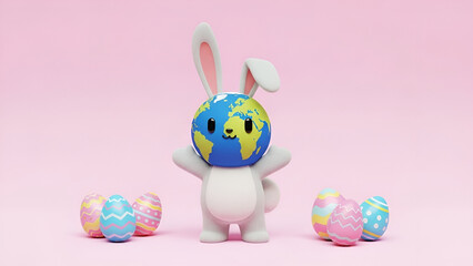 Cute Easter Bunny With A Globe For A Head, Surrounded By Colorful Decorated Eggs, Against A Soft Pink Background, Symbolizing Global Celebration and Spring Renewal