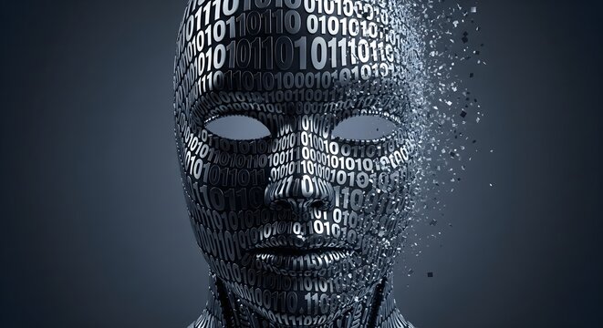 Abstract 3D illustration of a futuristic face structure covered in binary code dissolving into data particles, symbolizing AI, data privacy, and digital transformation.