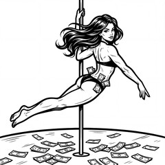 Fototapeta premium Woman performs dance on pole with money on the floor