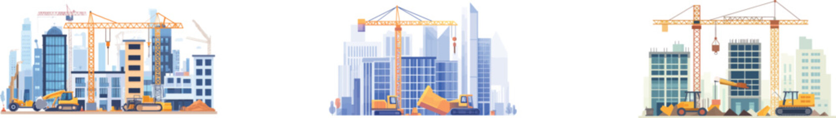 A modern illustration of a construction site with a flat landscape features the building of a house and apartment, complete with design elements such as cranes, trucks, excavators, and construction