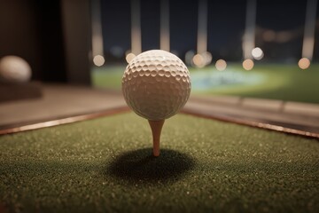 Golf ball positioned on tee inside a golf simulator ready for the next swing during an evening practice session