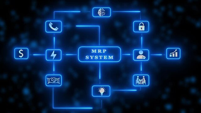Neon Blue Diagram of MRP System with Business Icons and Bokeh Lights on Dark Background mrp system