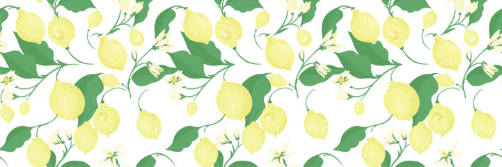 Seamless vector pattern with soft yellow lemons, lush green leaves, and delicate pale blossoms on a bright white background. Fresh, light citrus design for textiles, packaging, and summer themes © incarnadine