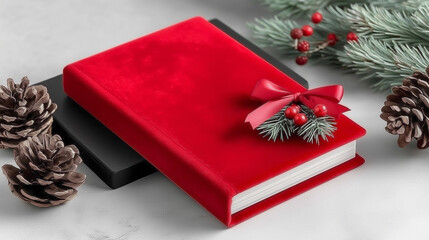 Red velvet journal adorned with festive decorations, placed on a black notebook, surrounded by pine cones and evergreen branches, creating a cozy holiday atmosphere