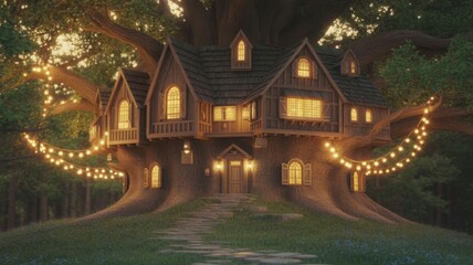 Enchanted Treehouse Retreat: A whimsical treehouse nestled within the branches of a grand tree, illuminated with soft lights, invites a sense of wonder and escape. It's a sanctuary for imagination.
