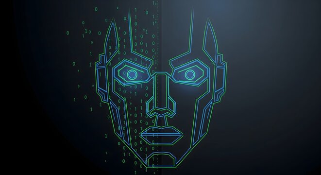 Futuristic artificial intelligence face outline dissolving into binary code stream on dark background.