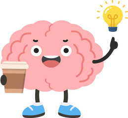 Brain Character with Coffee and Lightbulb Idea