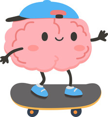 Cartoon Brain Skateboarding with Baseball Cap