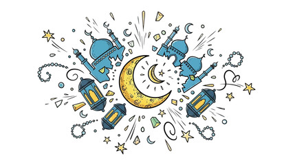 Ramadan Celebration in Artistic Harmony: A vibrant illustration depicts the spirit of Ramadan, with ornate lanterns and mosques, all surrounding a luminous crescent moon.