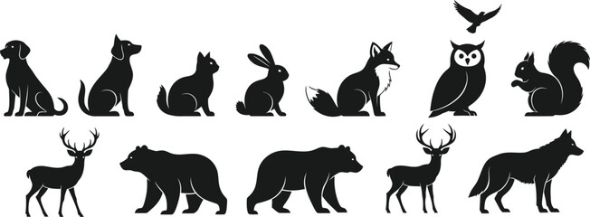 Obraz premium Silhouette of various animals in profile view on a white background silhouette