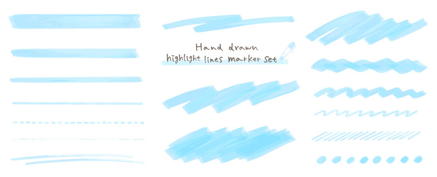 手描きのハイライトラインマーカーセット。アンダーライン。重要なポイント、テキストを強調する時の罫線の装飾。
