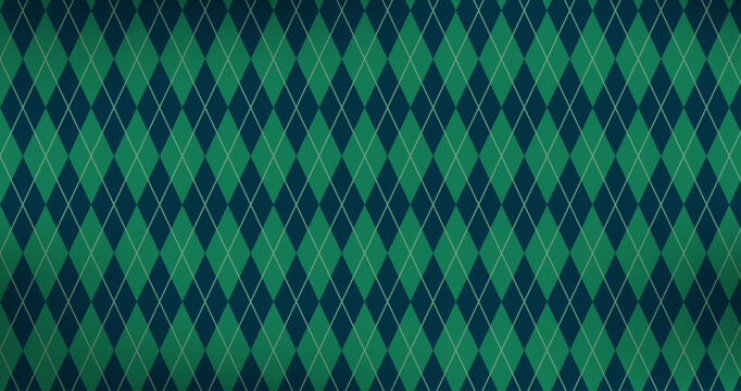 Dark Green and dark blue Argyle Vector Pattern. Christmas Background. Golf Textile Print. Emerald Diamonds with Gold Accent Lines. Seamless Pattern Tile