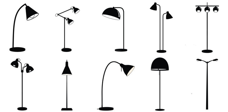 A comprehensive collection of diverse floor lamps and outdoor street lighting fixtures in black silhouette