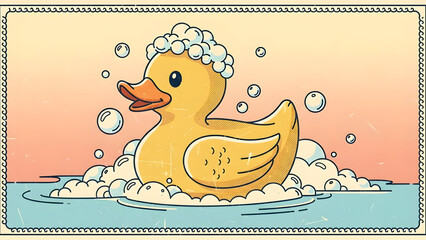 Rubber duck in soap bubbles bath.