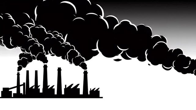 Industrial factory silhouettes emitting heavy smoke creating environmental air pollution
