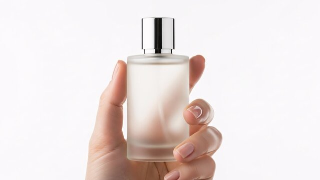 A hand holding a clear perfume bottle with a silver cap