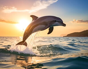 Obraz premium A dolphin leaps joyfully from the ocean, silhouetted by the setting sun