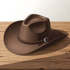 Brown leather cowboy hat on wood.