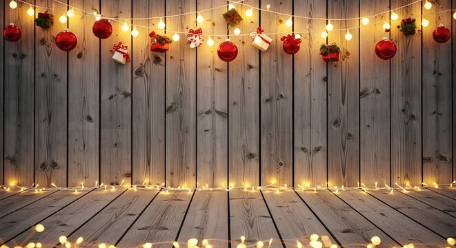 Christmas background with wooden fence and fairy lights - Powered by Adobe