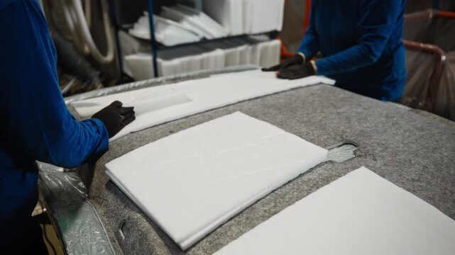 Focused Assembly Technician Carefully Installs Foam Panels Onto Fabric In Manufacturing Environment