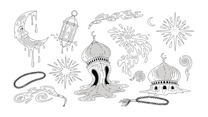 Islamic Art: Hand-drawn illustrations of traditional Islamic symbols, including ornate mosque domes, crescent moons, lanterns, and prayer beads, offering a glimpse into Islamic culture and heritage.