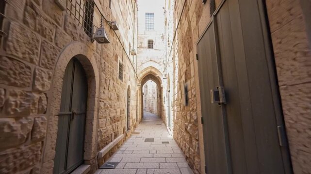 POV walk through narrow Jerusalem alley with stone and brick walls, arched passage ahead, historic old city atmosphere, travel exploration, ancient architecture, cultural heritage street scene.