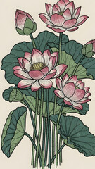 Pink lotus flowers with green leaves.