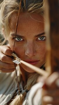 A determined young woman in her twenties practices archery outside, aiming for the target while drawing the bowstring with vigor.