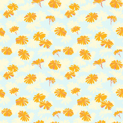 Seamless vector pattern featuring bright yellow-orange stylized flowers with soft cream leafy shapes on a light blue background. A cheerful, fresh botanical design with playful layered forms