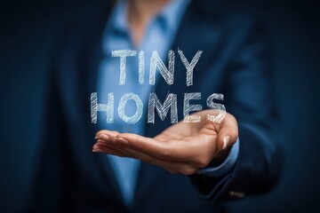 Naklejka premium Conceptual hand presenting tiny homes concept with bold lettering highlighting the tiny homes business opportunity