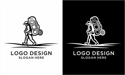 Minimalist logo design of a hiker with a large backpack and walking stick.