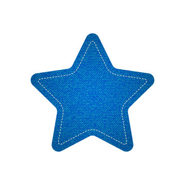 Blue denim star shaped badge or label featuring decorative dashed stitching around the border