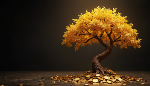 Golden tree grows from pile of coins. Symbol of wealth growth and prosperity, with rich history and flourishing legacy. Represents good fortune and financial success.