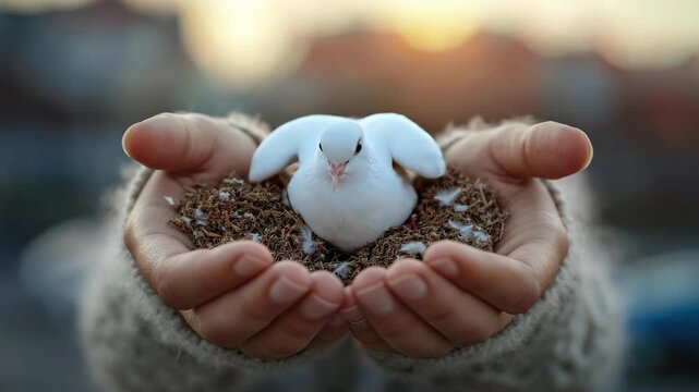 Gentle, warm hands tenderly cup a pure white dove, wings spread slightly, patiently resting on nourishing seeds. This tranquil scene conveys universal harmony and deep acceptance.