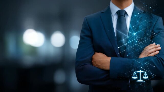 A man in a formal suit exudes authority and trust, representing legal expertise and business success. Digital justice icons and network connections highlight innovation in law and technology