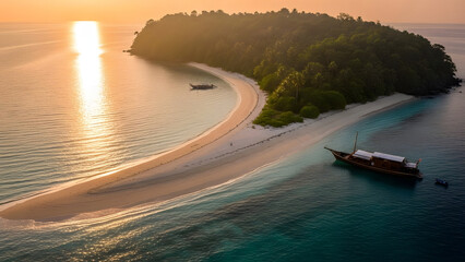 Golden hour sunrise over sandbar and jungle island in Kepulauan Anambas 