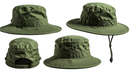 Green Military Boonie Hat in Multiple Views, isolated on a transparent background
