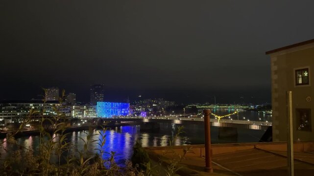 Linz at night with Ars Electronica and Lentos at Danube river