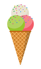 Ice cream. Colorful ice cream cone. Sweet ice cream. Cartoon cute style. Vector illustration