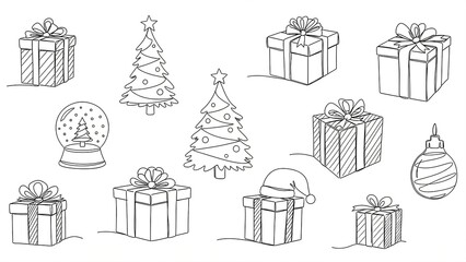 Christmas doodles gifts trees ornaments and a santa hat in black and white