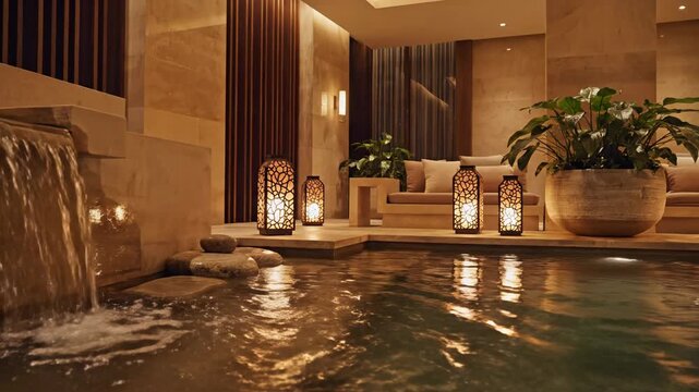Luxury indoor spa pool with warm lighting and calm water creating peaceful wellness atmosphere inside modern hotel resort. Luxury indoor spa pool scene                 