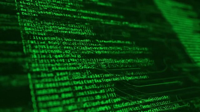 A seamless loop of green binary code numbers flows across a digital screen representing a matrix of software data and internet network programming technology