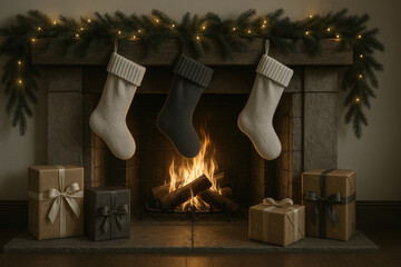 Cozy Christmas fireplace with stockings and gift boxes glowing