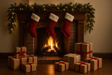 Christmas stockings hang on fireplace with gifts and warm fire